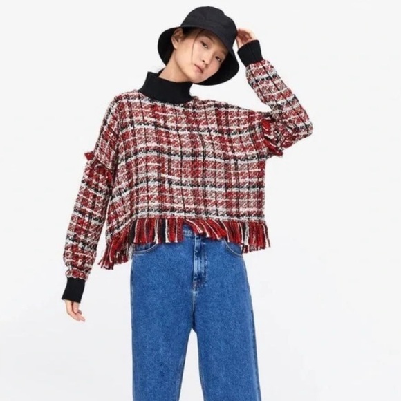 ZARA Multi-Colored Red Black White Tweed Fringe Mock Neck Crop Party Sweater XS - Picture 2 of 11